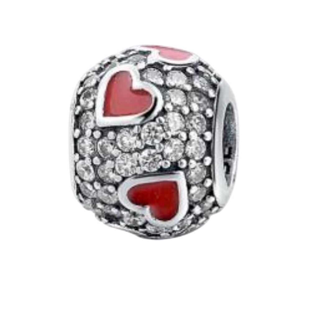 Rote Herzen auf Silber Pavé Charm 1 PANDACHARMS Rote Herzen auf Silber Pavé Charm, SKU C02100