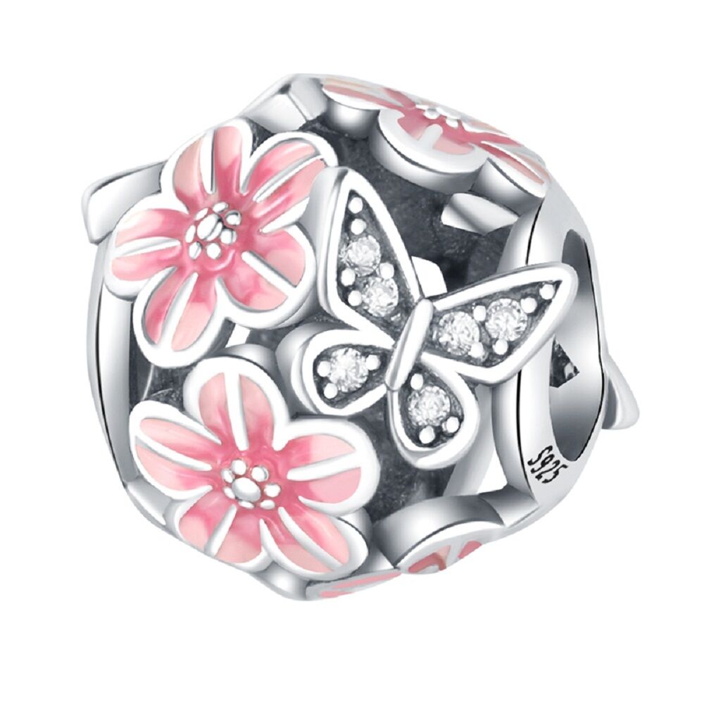 Rosa Blüten mit Glitzernden Schmetterlingen Charm 1 PANDACHARMS Rosa Blüten mit Glitzernden Schmetterlingen Charm, SKU C04036