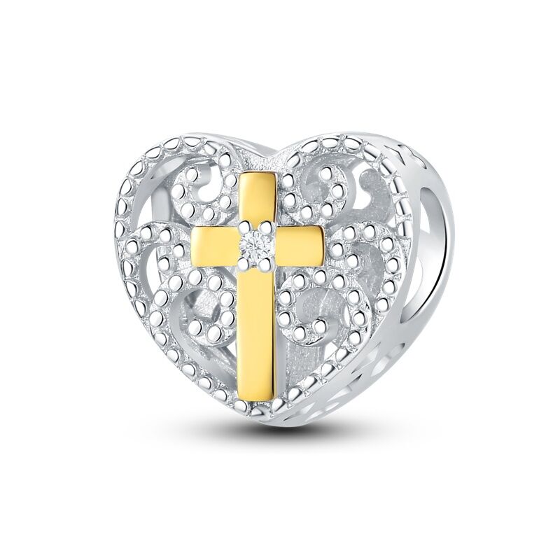 Goldenes Kreuz auf Verziertem Herz Charm 1 PANDACHARMS Goldenes Kreuz auf Verziertem Herz Charm, SKU C04045