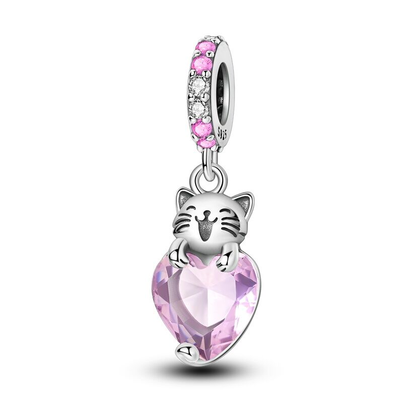 Katze mit Großem Rosa Herz Charm Anhänger 1 PANDACHARMS Katze mit Großem Rosa Herz Charm Anhänger, SKU C04072