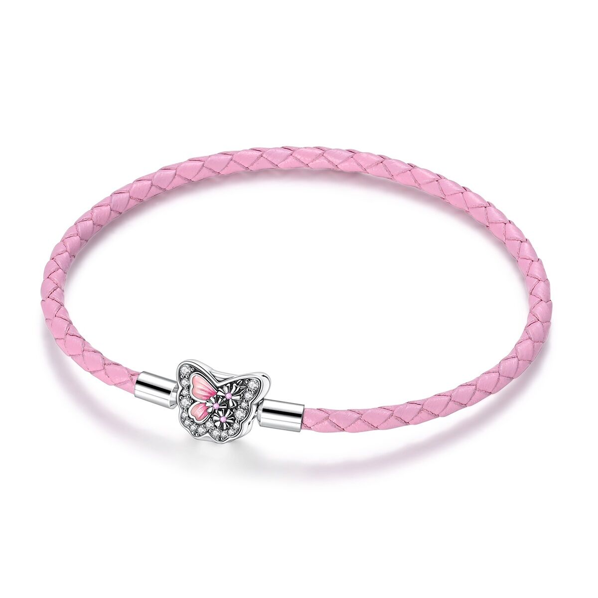 Rosa Leder Charm Armband Schmetterling 1 PANDACHARMS Rosa Leder Charm Armband Schmetterling, SKU B04001